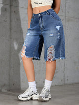 Washed Ombre Distressed Loose Denim Bermuda Shorts