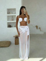 SHEIN White Women's Sexy Elegant Pleated Braided Rope Design Shell Metal Buckle Decor 3-Piece Bikini Set, With High Slit Mesh Cover-Up Dress