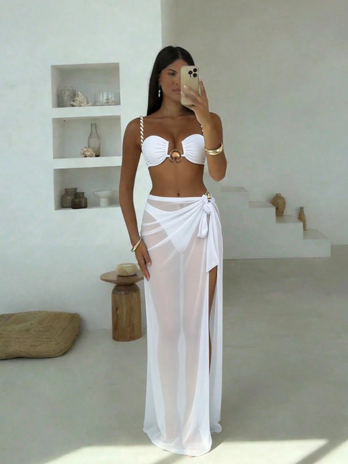 SHEIN White Women's Sexy Elegant Pleated Braided Rope Design Shell Metal Buckle Decor 3-Piece Bikini Set, With High Slit Mesh Cover-Up Dress