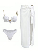 SHEIN White Women's Sexy Elegant Pleated Braided Rope Design Shell Metal Buckle Decor 3-Piece Bikini Set, With High Slit Mesh Cover-Up Dress