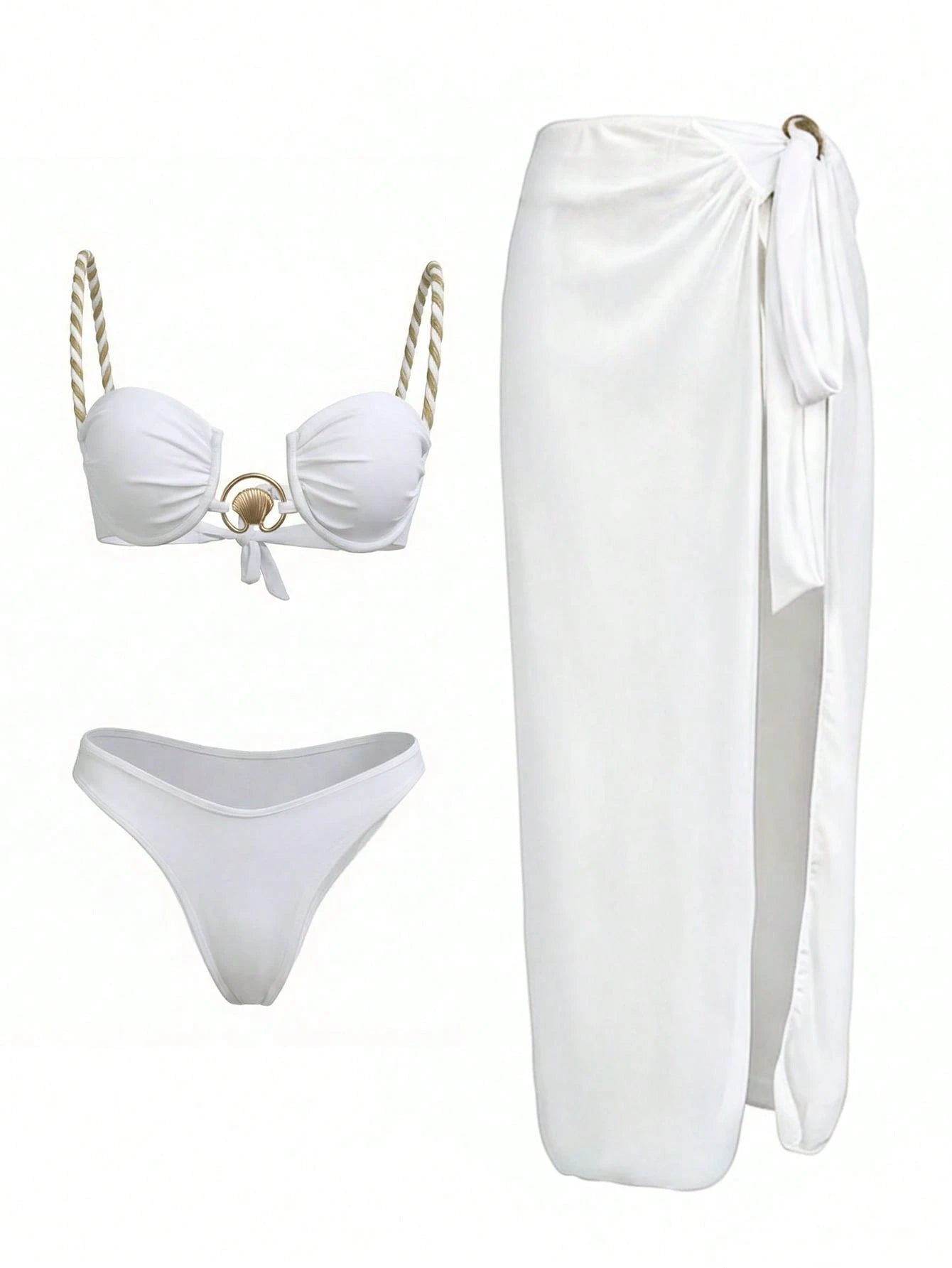 SHEIN White Women's Sexy Elegant Pleated Braided Rope Design Shell Metal Buckle Decor 3-Piece Bikini Set, With High Slit Mesh Cover-Up Dress