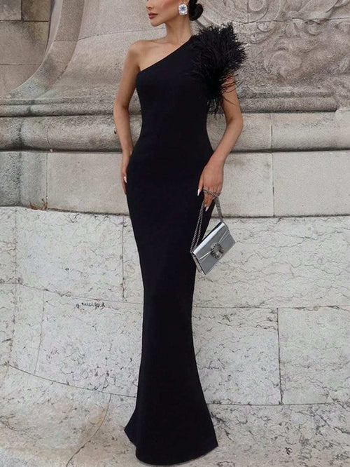 SHEIN Women Elegant One-Shoulder Sleeveless Feather Bodycon Black Long Sexy Party