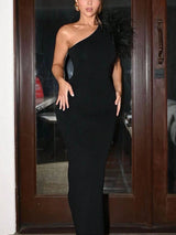 SHEIN Women Elegant One-Shoulder Sleeveless Feather Bodycon Black Long Sexy Party