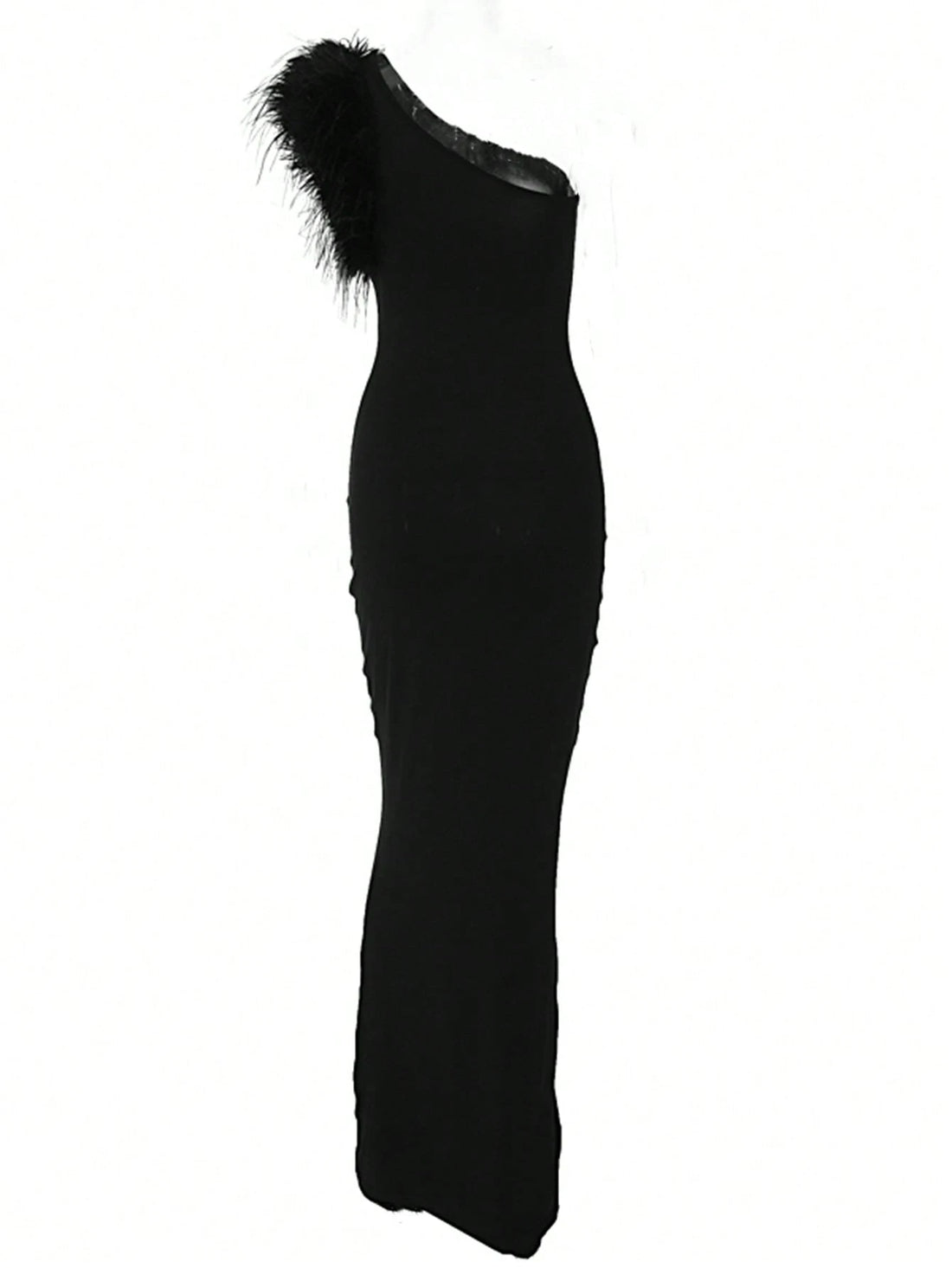 SHEIN Women Elegant One-Shoulder Sleeveless Feather Bodycon Black Long Sexy Party - view 3