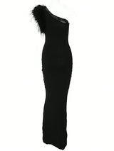 SHEIN Women Elegant One-Shoulder Sleeveless Feather Bodycon Black Long Sexy Party