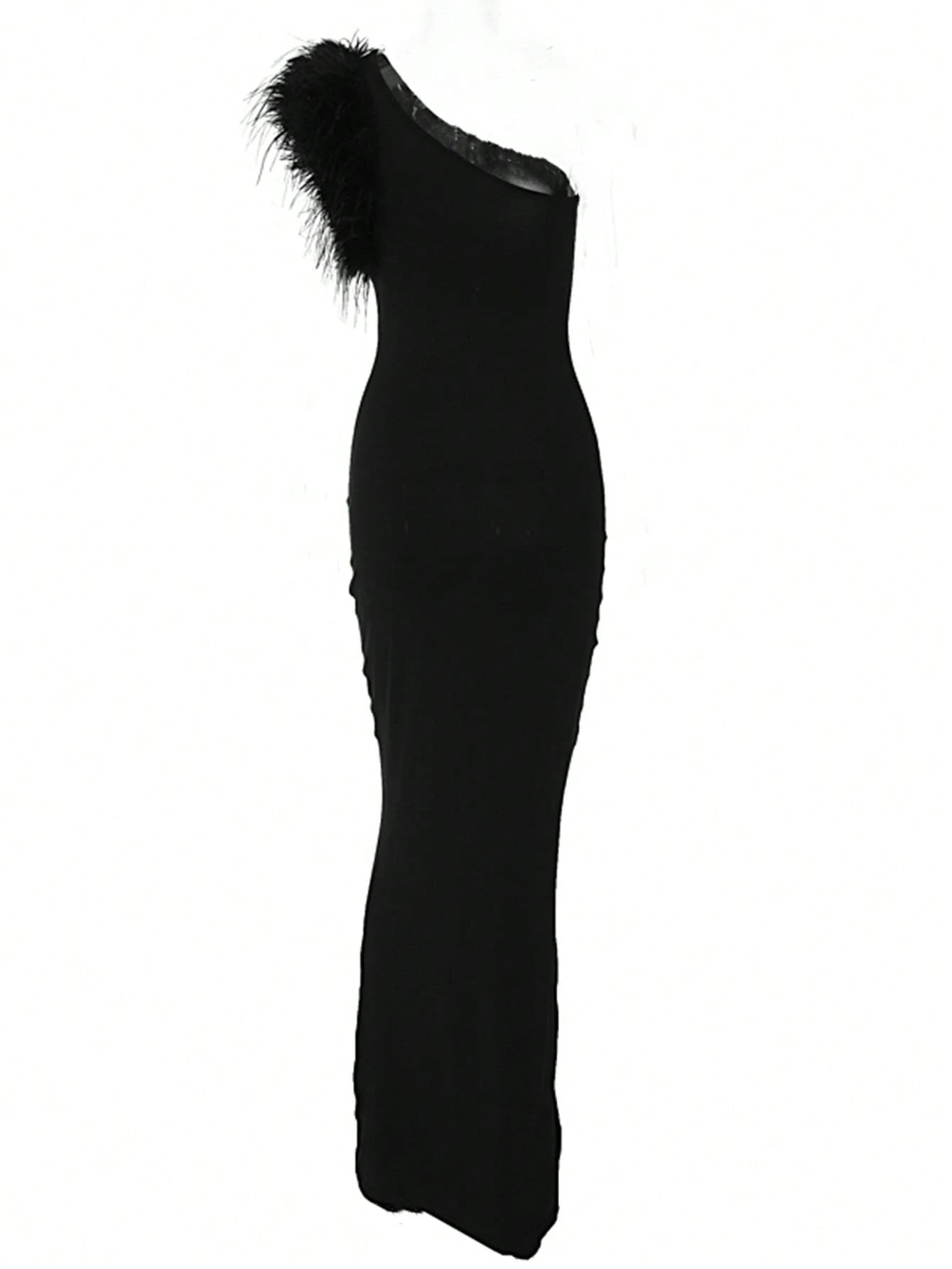 SHEIN Women Elegant One-Shoulder Sleeveless Feather Bodycon Black Long Sexy Party