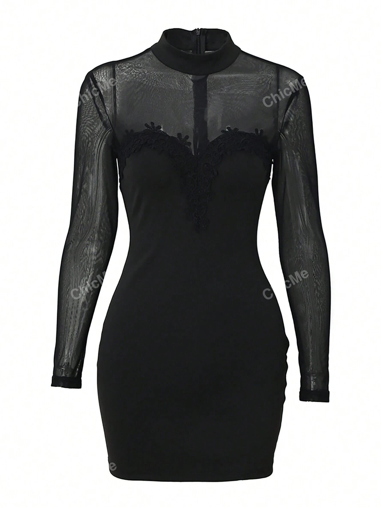 SHEIN Women Solid Color Minimalist Sexy Mesh Patchwork Open Back Sheer Bodycon Little Black Dress