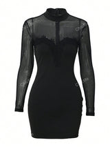 SHEIN Women Solid Color Minimalist Sexy Mesh Patchwork Open Back Sheer Bodycon Little Black Dress