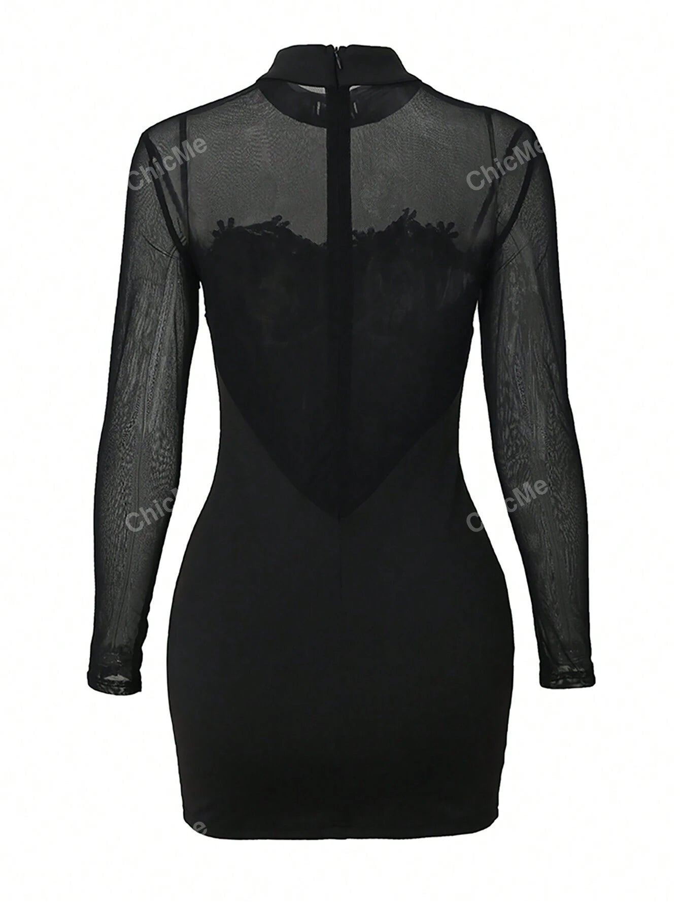 SHEIN Women Solid Color Minimalist Sexy Mesh Patchwork Open Back Sheer Bodycon Little Black Dress