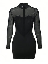 SHEIN Women Solid Color Minimalist Sexy Mesh Patchwork Open Back Sheer Bodycon Little Black Dress