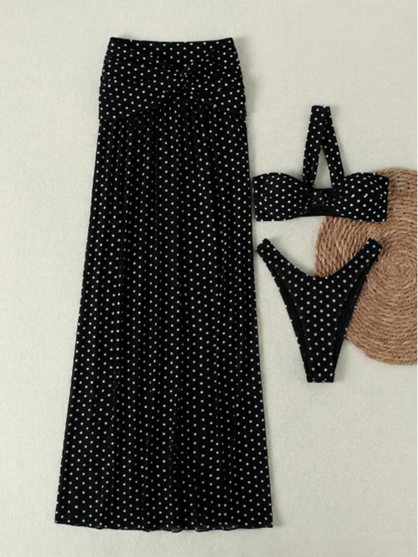 SHEIN Women's Elegant Fashion Black & White Polka Dot Sexy One-Shoulder Ruched Twist Bikini 3-Piece Swimwear Set