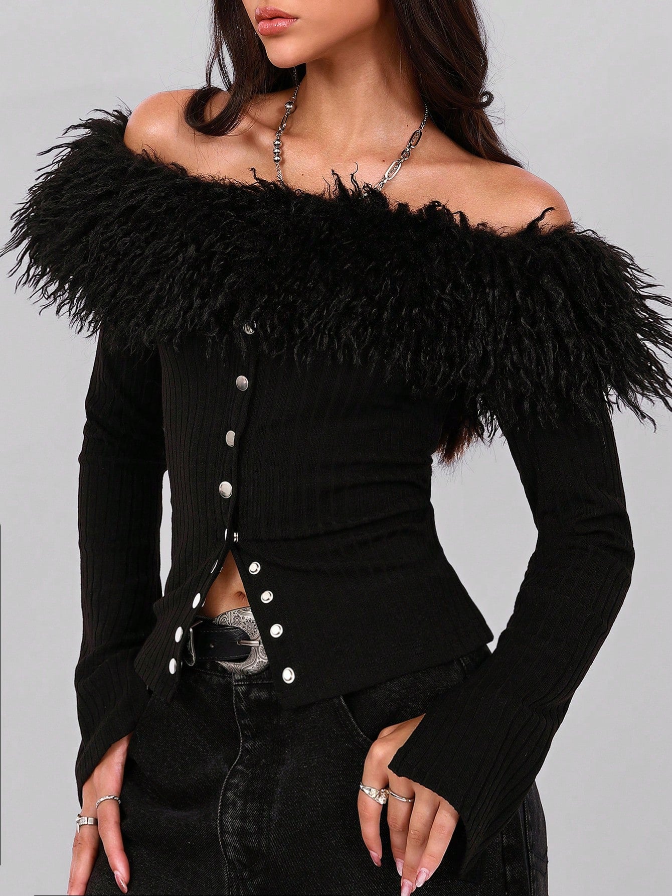 SHEIN Women's Fashionable Elegant Comfortable Faux Fur Off Shoulder Collar