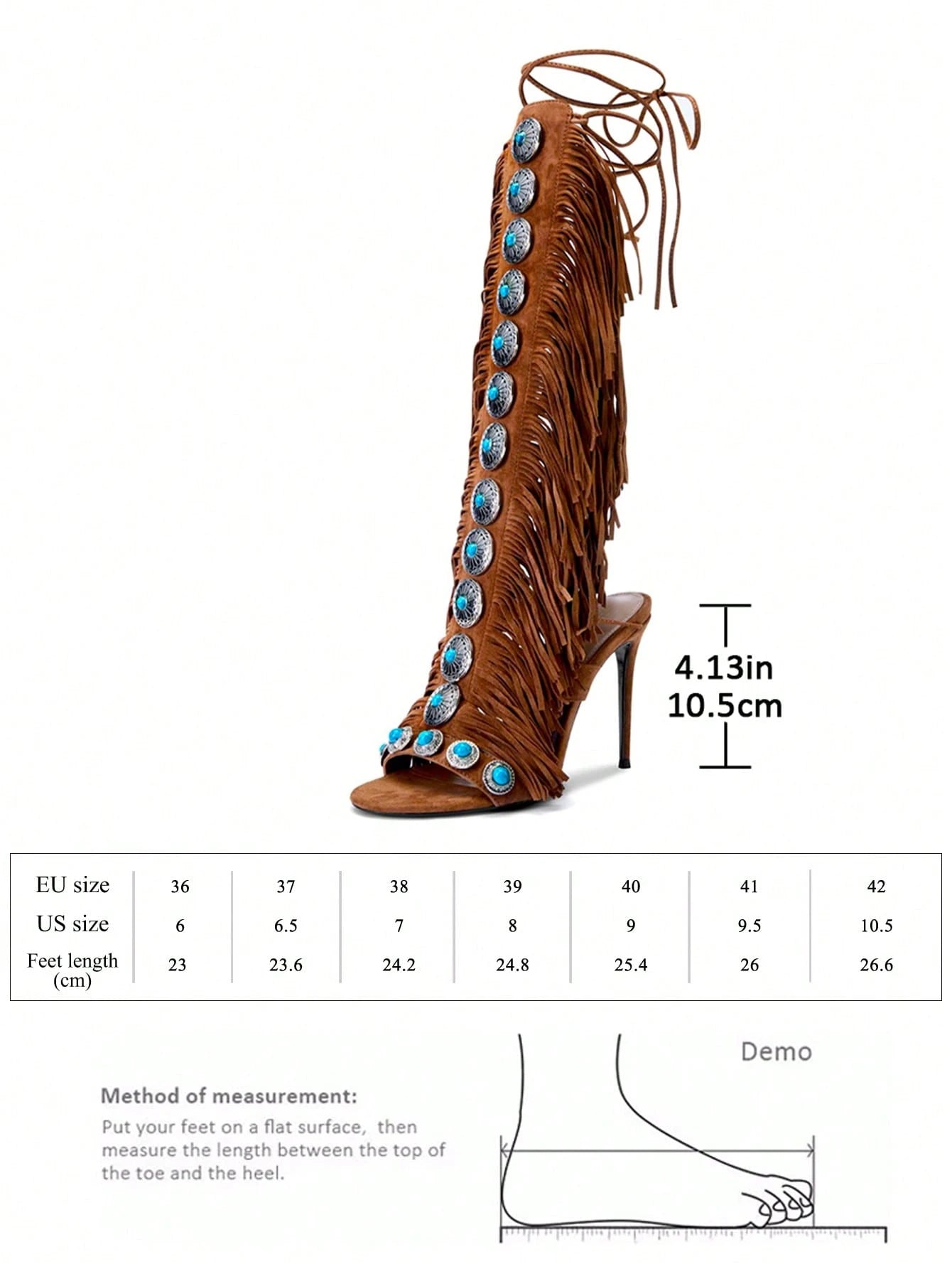 SHEIN Women's Knee-High Heeled Boots With Gemstone And Tassel Decor , Brown