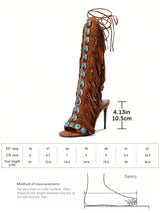 SHEIN Women's Knee-High Heeled Boots With Gemstone And Tassel Decor , Brown