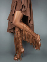 SHEIN Women's Knee-High Heeled Boots With Gemstone And Tassel Decor , Brown