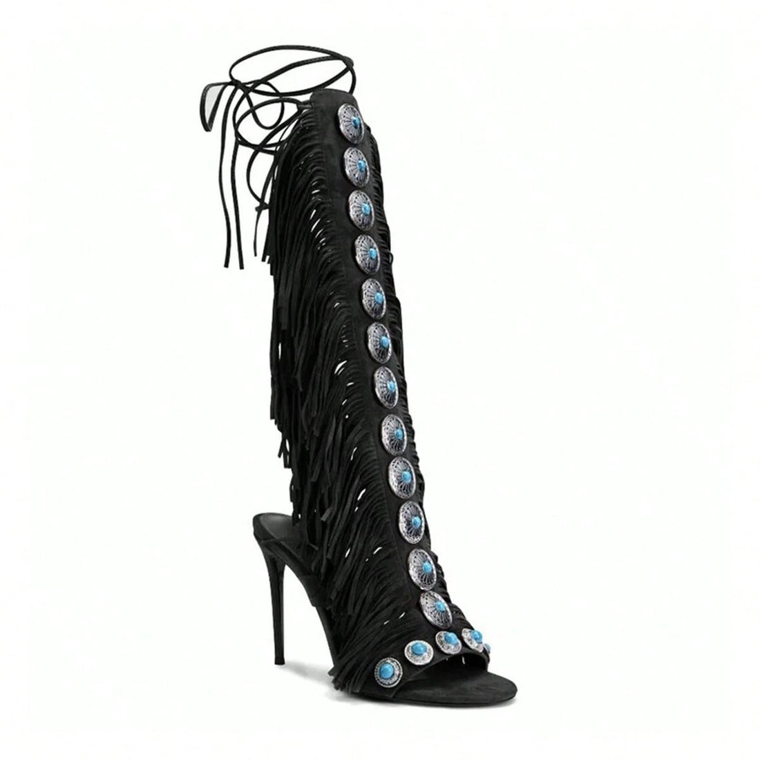 SHEIN Women's Knee-High Heeled Boots With Gemstone And Tassel Decor , Black - view 3