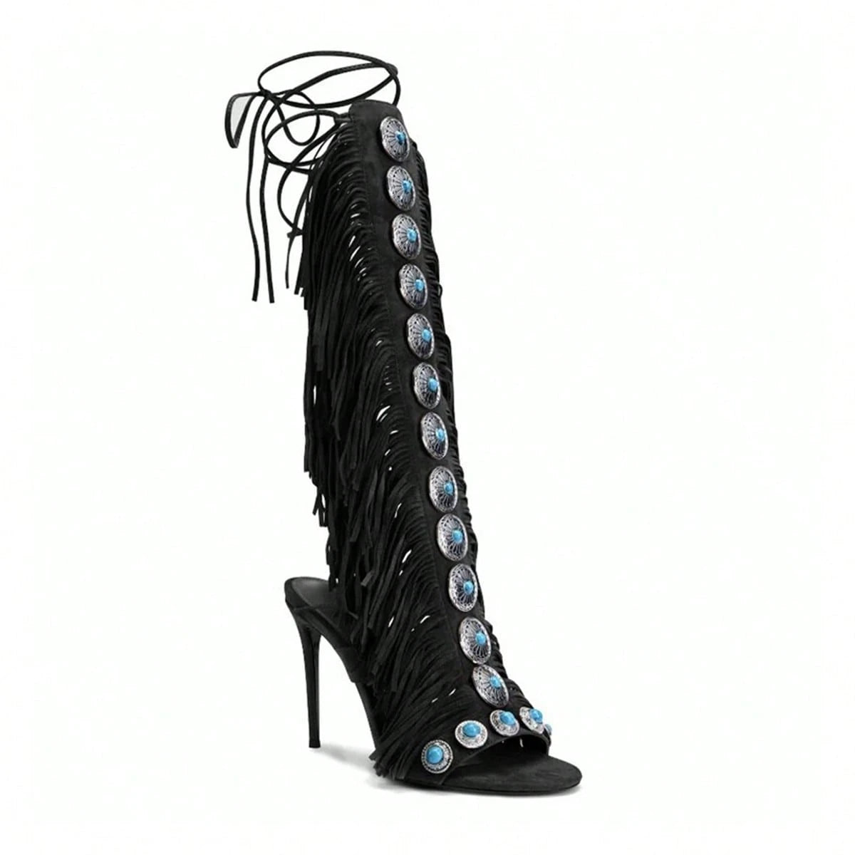 SHEIN Women's Knee-High Heeled Boots With Gemstone And Tassel Decor , Black