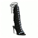 SHEIN Women's Knee-High Heeled Boots With Gemstone And Tassel Decor , Black