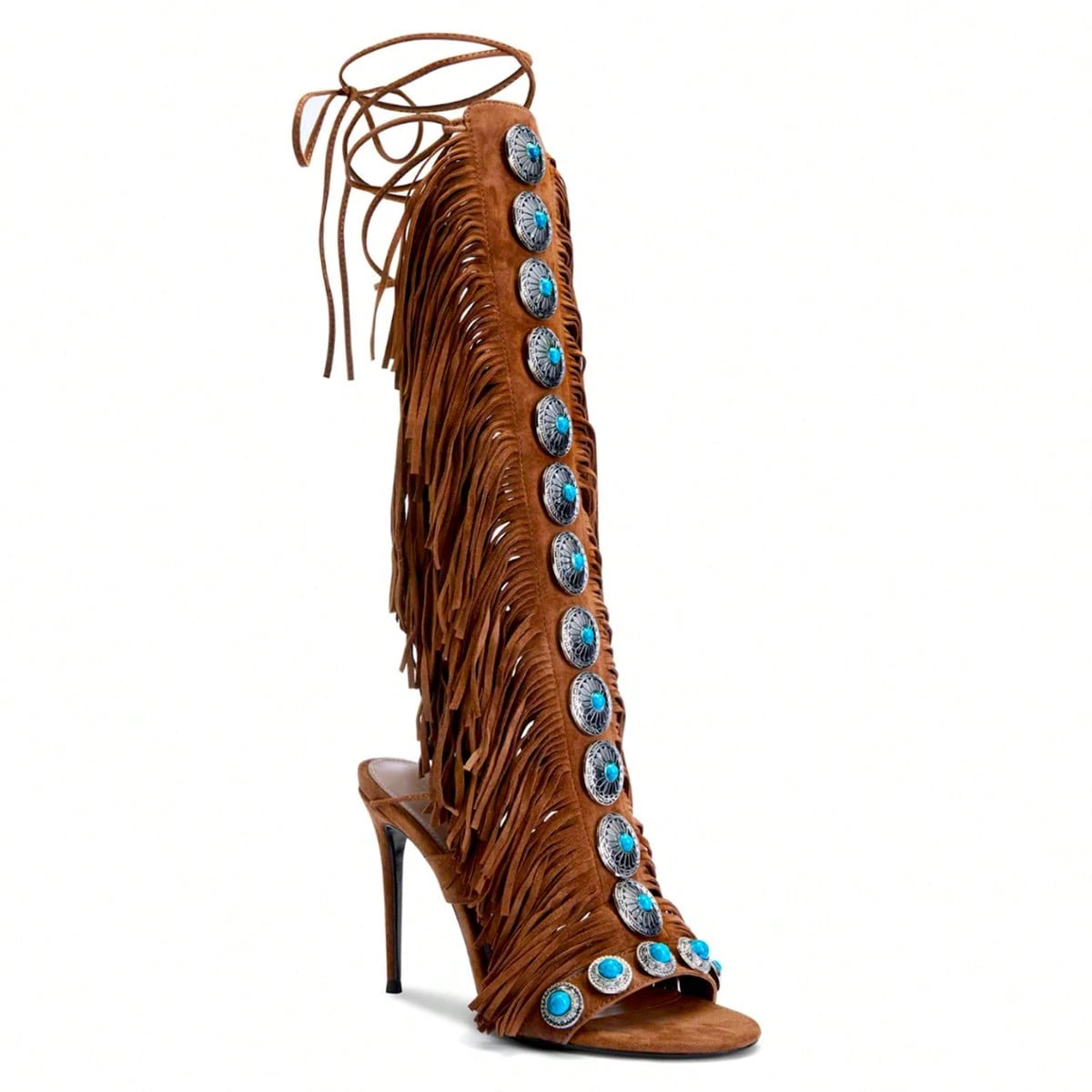 SHEIN Women's Knee-High Heeled Boots With Gemstone And Tassel Decor , Brown