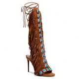SHEIN Women's Knee-High Heeled Boots With Gemstone And Tassel Decor , Brown
