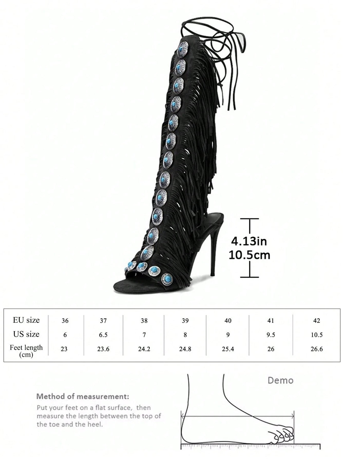 SHEIN Women's Knee-High Heeled Boots With Gemstone And Tassel Decor , Black - view 5