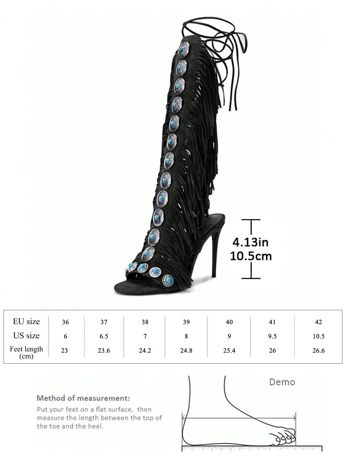 SHEIN Women's Knee-High Heeled Boots With Gemstone And Tassel Decor , Black
