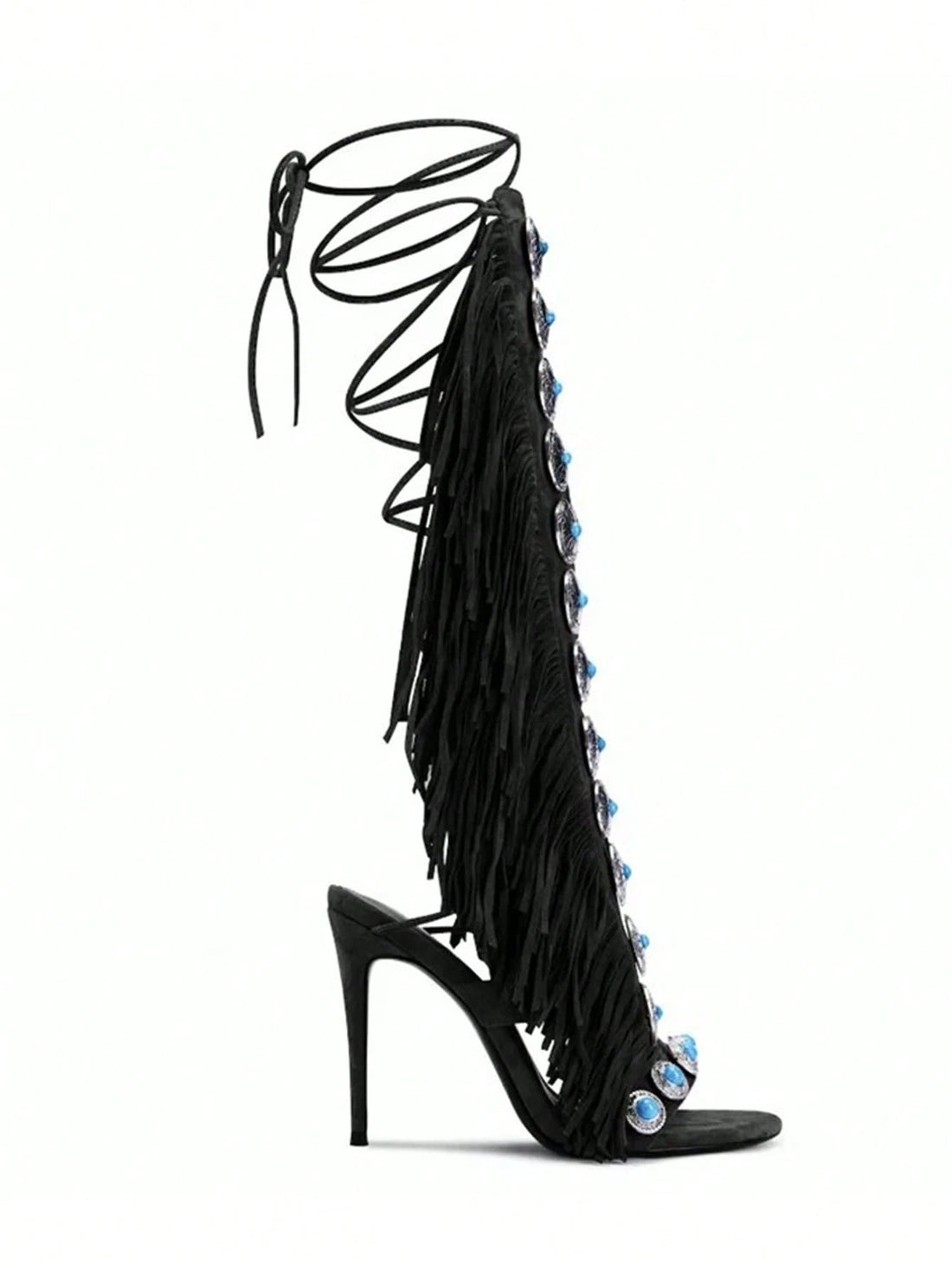 SHEIN Women's Knee-High Heeled Boots With Gemstone And Tassel Decor , Black - view 4