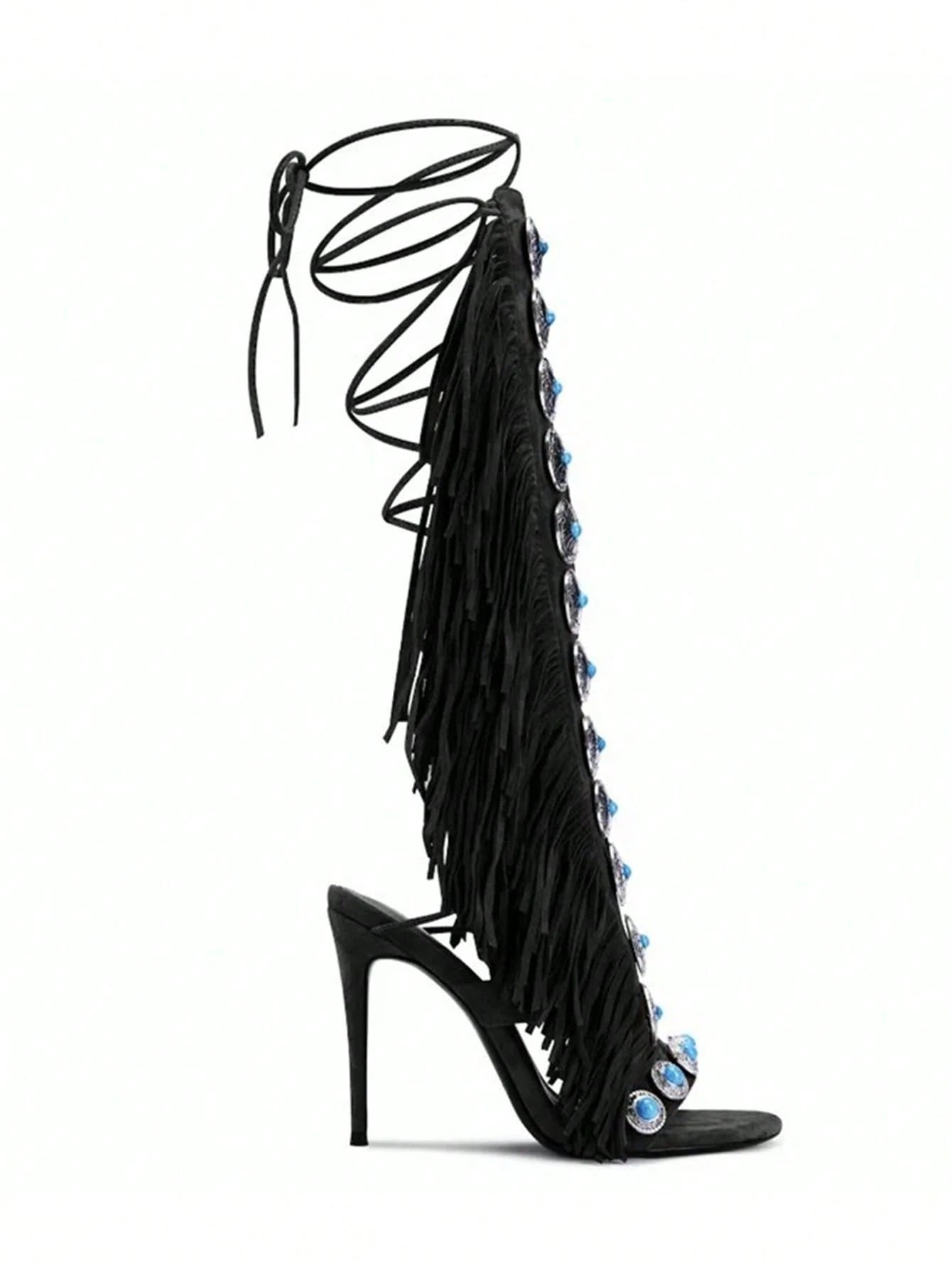 SHEIN Women's Knee-High Heeled Boots With Gemstone And Tassel Decor , Black