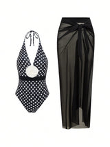 SHEIN Women's Summer Beach Holiday Elegant Tight Casual One-Piece Swimsuit, 2 Pieces Set