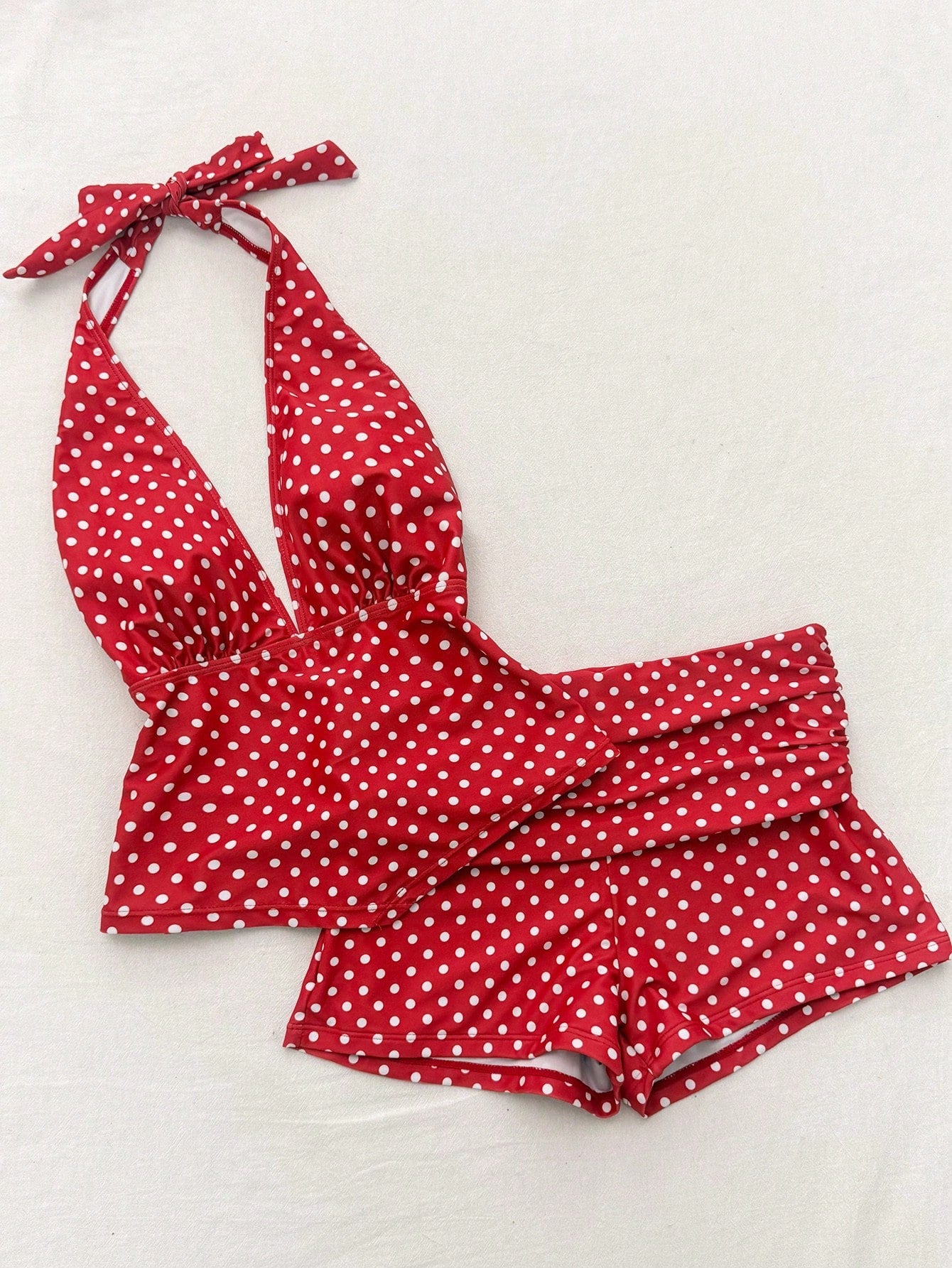 SHEIN Women's Swimsuit Camisole, Elegant And Sexy, Red Polka Dot Print, Push-Up Backless Camisole Paired With Bikini Shorts