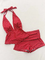 SHEIN Women's Swimsuit Camisole, Elegant And Sexy, Red Polka Dot Print, Push-Up Backless Camisole Paired With Bikini Shorts