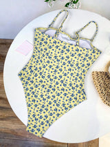 SHEIN Yellow Ditsy Floral 3D Flower Decor Strapless One-Piece Swimsuit, Sexy & Elegant Women's Summer Casual Beach Holiday Pool Party Fashion Swimwear
