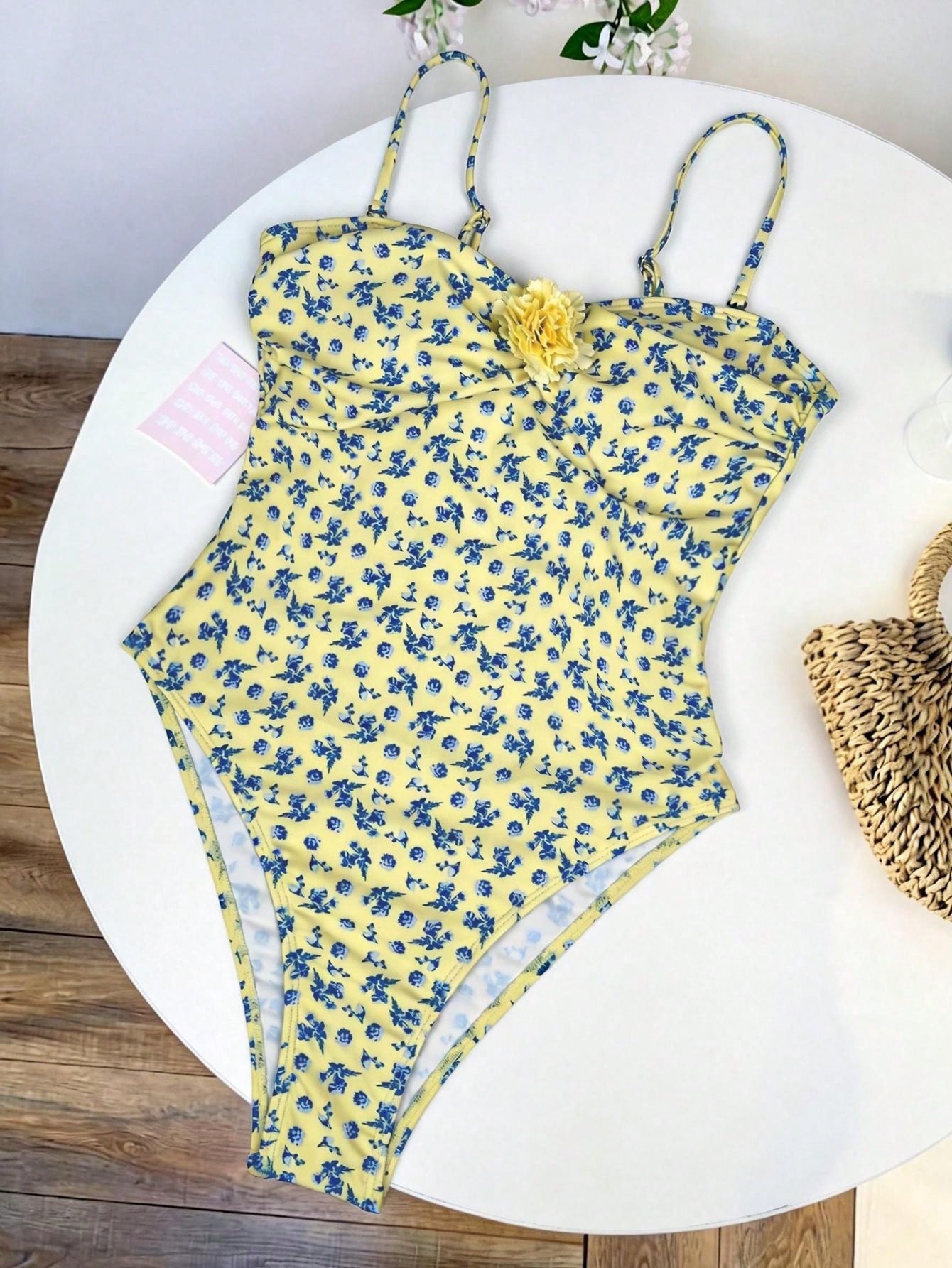 SHEIN Yellow Ditsy Floral 3D Flower Decor Strapless One-Piece Swimsuit, Sexy & Elegant Women's Summer Casual Beach Holiday Pool Party Fashion Swimwear