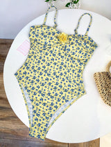 SHEIN Yellow Ditsy Floral 3D Flower Decor Strapless One-Piece Swimsuit, Sexy & Elegant Women's Summer Casual Beach Holiday Pool Party Fashion Swimwear