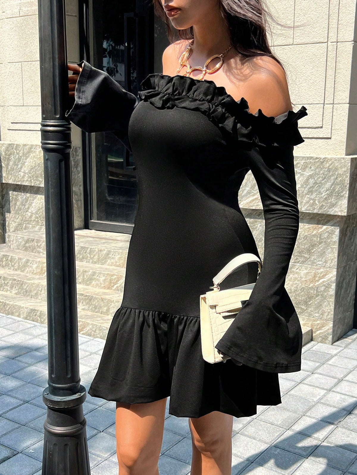 SHEIN Zielony 1pc Off-The-Shoulder Flare Dress For Women Black