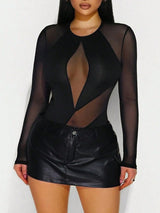 SHEIN Zolique Spring And Summer Party Sexy Street Transparent Mesh Fabric Splicing Mesh Mesh Splicing Bodysuit