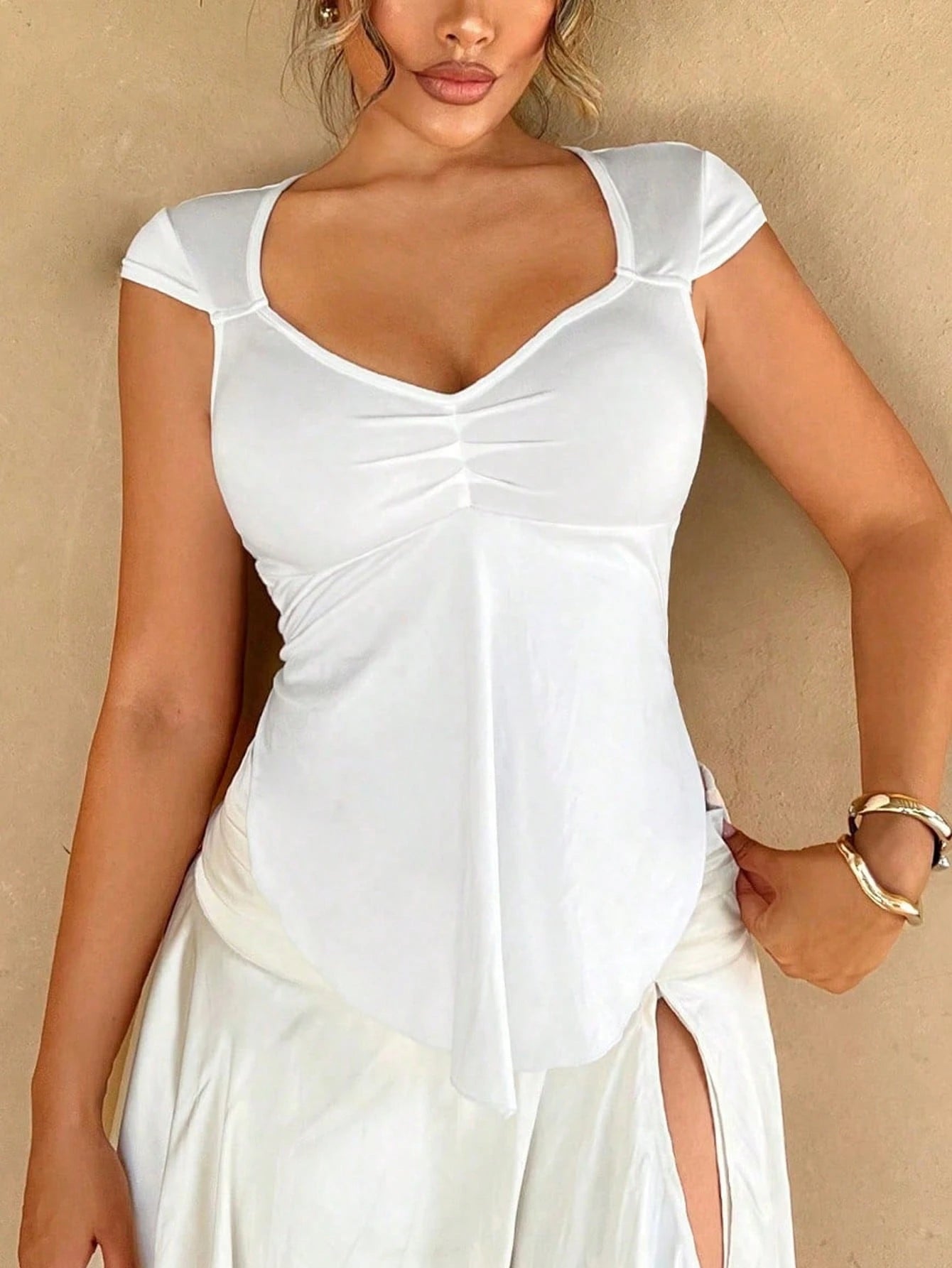 SHEIN Foxxy French Retro Vacation Tops Spring-Summer Slim Fit Pleated Bust Crop Top