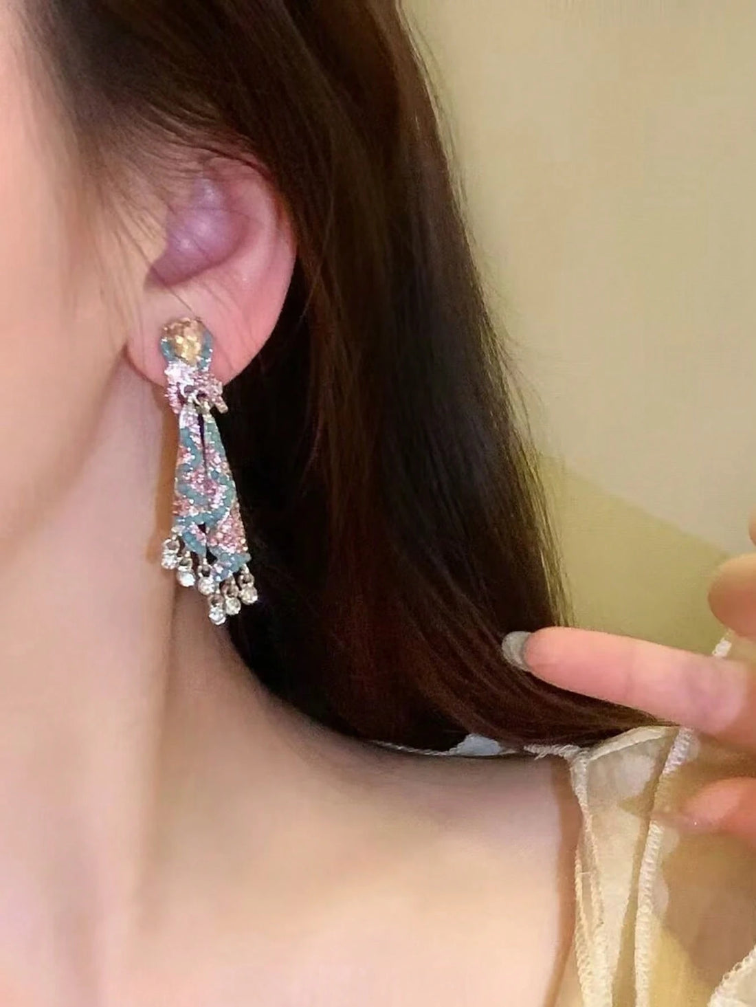 SHEIN 1 Pair Luxury French Style Colorful Silk Crystal Tassel Earrings, Elegant Jewelery - view 3