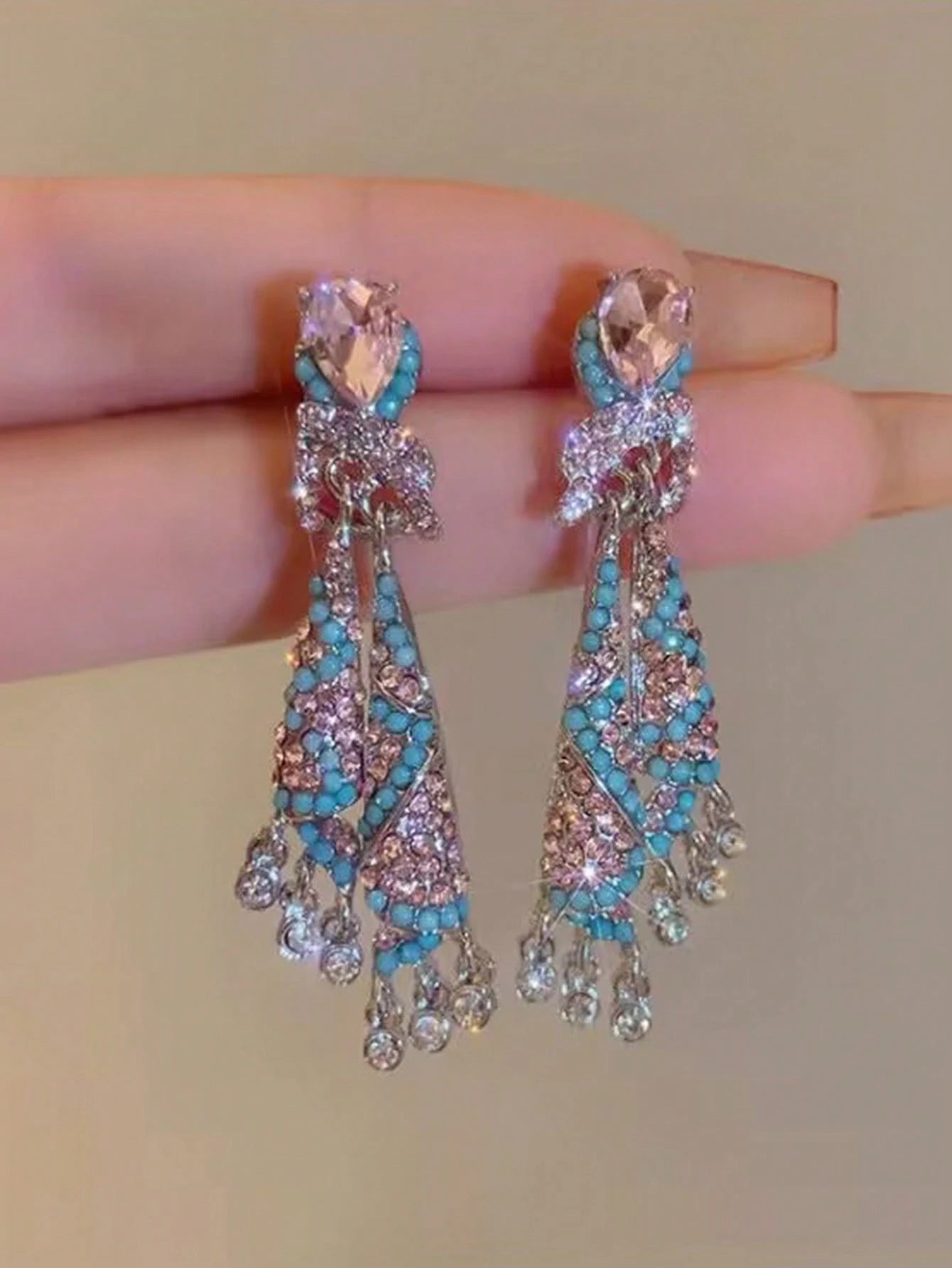 SHEIN 1 Pair Luxury French Style Colorful Silk Crystal Tassel Earrings, Elegant Jewelery