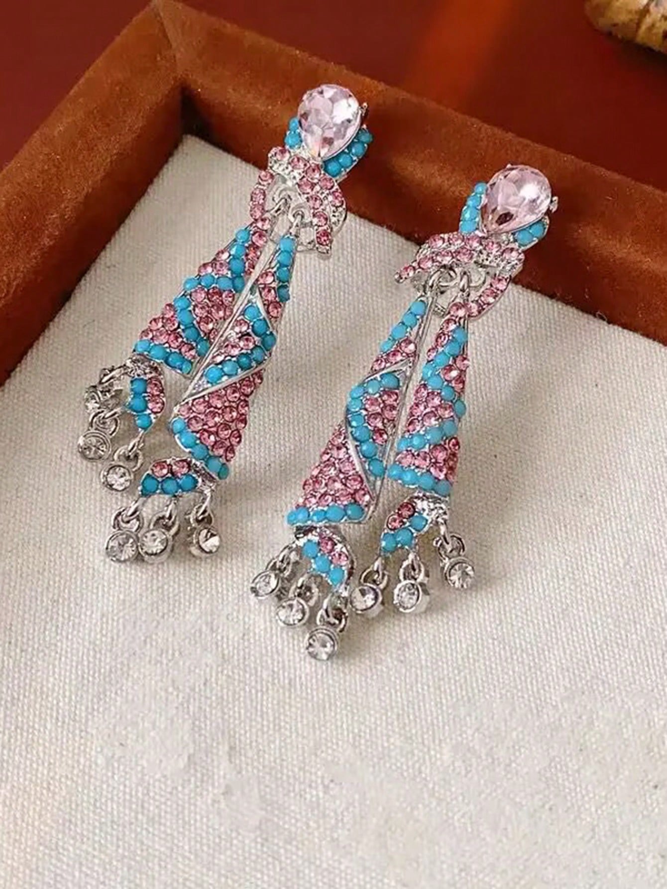 SHEIN 1 Pair Luxury French Style Colorful Silk Crystal Tassel Earrings, Elegant Jewelery