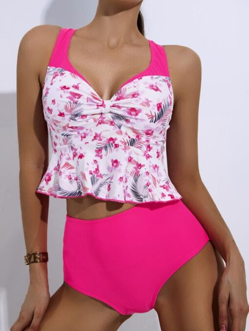 SHEIN Floral Ruffle Hem High Waisted Bikini Swimsuit