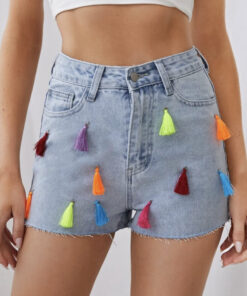 Alternative view of SHEIN  Fringe Trim Slant Pocket Denim Shorts