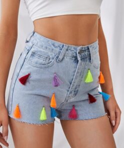 SHEIN Fringe Trim Slant Pocket Denim Shorts