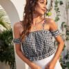 SHEIN Gingham Cold Shoulder Ruffle Hem Blouse