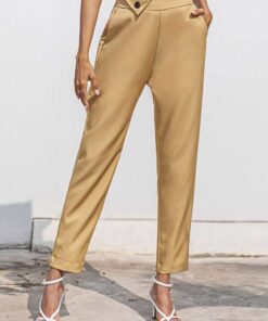 SHEIN Solid Zipper Side Button Detail Pants