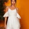 SHEIN Contrast Lace Cold Shoulder Tie Back Ruffle Trim Cami Romper