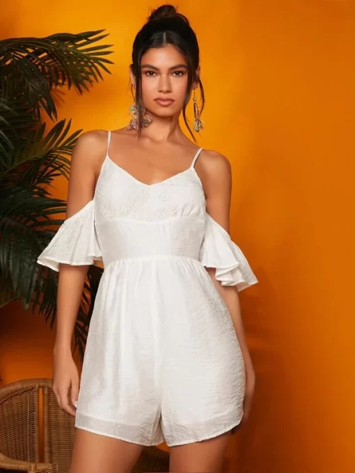 SHEIN Contrast Lace Cold Shoulder Tie Back Ruffle Trim Cami Romper