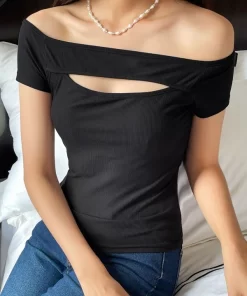 SHEIN DAZY Off Shoulder Cut Out Ribbed Knit Tee