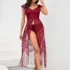 SHEIN Fringe Trim Split Sheer Lace Top