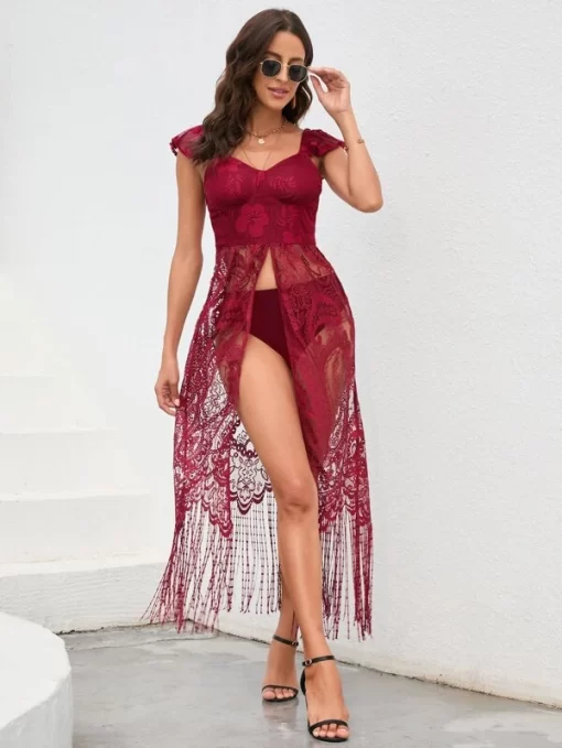 SHEIN Fringe Trim Split Sheer Lace Top